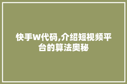 快手W代码,介绍短视频平台的算法奥秘 GoogleSEO