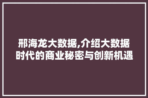 邢海龙大数据,介绍大数据时代的商业秘密与创新机遇