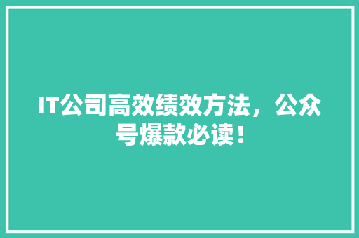 IT公司高效绩效方法，公众号爆款必读！