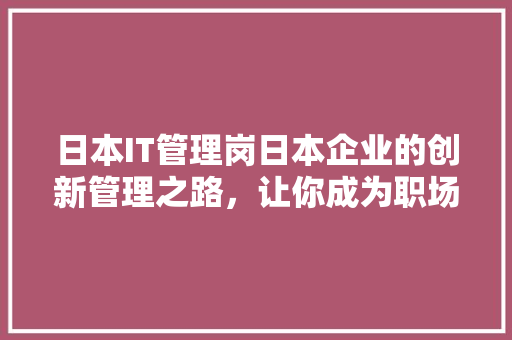日本IT管理岗日本企业的创新管理之路，让你成为职场精英！