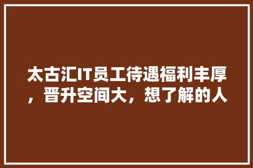 太古汇IT员工待遇福利丰厚，晋升空间大，想了解的人都来看看！
