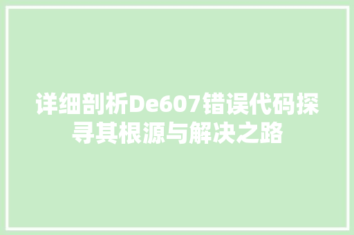 详细剖析De607错误代码探寻其根源与解决之路