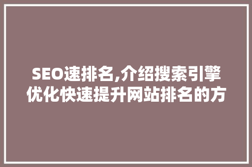 SEO速排名,介绍搜索引擎优化快速提升网站排名的方法 GoogleSEO
