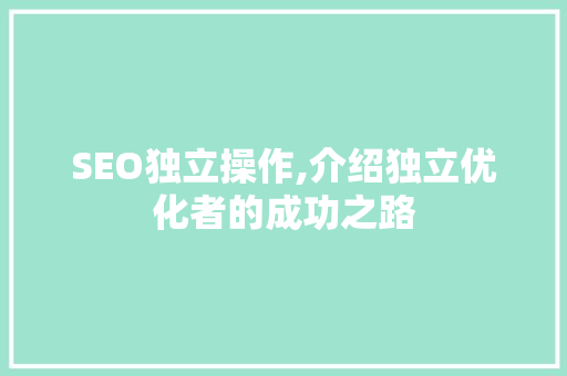 SEO独立操作,介绍独立优化者的成功之路