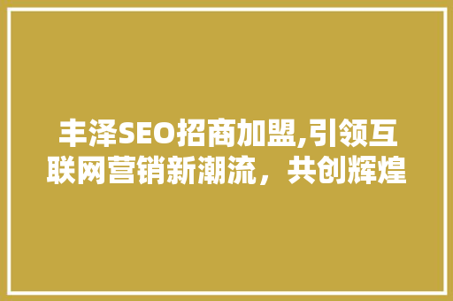 丰泽SEO招商加盟,引领互联网营销新潮流，共创辉煌未来