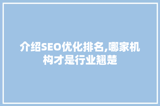 介绍SEO优化排名,哪家机构才是行业翘楚 神马SEO