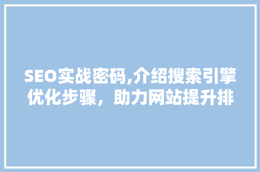 SEO实战密码,介绍搜索引擎优化步骤，助力网站提升排名 神马SEO