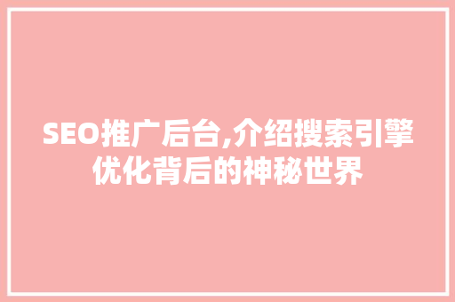 SEO推广后台,介绍搜索引擎优化背后的神秘世界 GoogleSEO