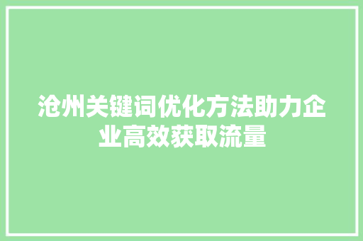 沧州关键词优化方法助力企业高效获取流量