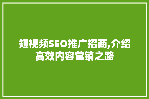 短视频SEO推广招商,介绍高效内容营销之路 搜狗SEO