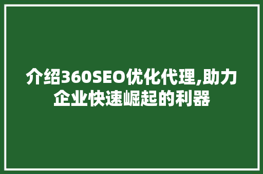 介绍360SEO优化代理,助力企业快速崛起的利器