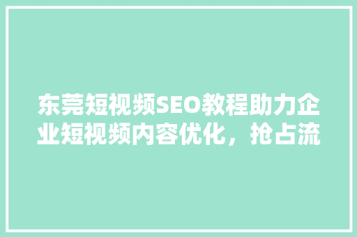 东莞短视频SEO教程助力企业短视频内容优化，抢占流量高地 GoogleSEO