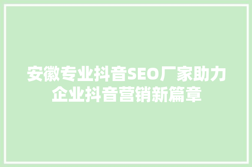安徽专业抖音SEO厂家助力企业抖音营销新篇章 GoogleSEO