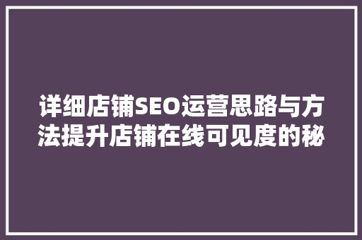 详细店铺SEO运营思路与方法提升店铺在线可见度的秘密武器 GoogleSEO