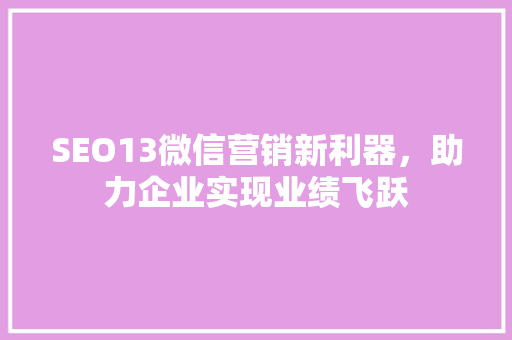 SEO13微信营销新利器，助力企业实现业绩飞跃