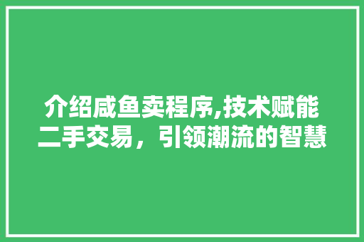介绍咸鱼卖程序,技术赋能二手交易，引领潮流的智慧之光 介绍咸鱼卖程序,技术赋能二手交易，引领潮流的智慧之光 神马SEO