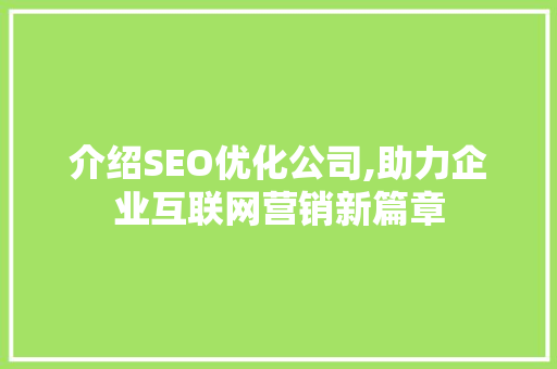 介绍SEO优化公司,助力企业互联网营销新篇章